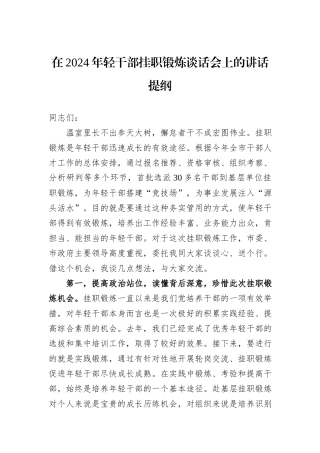 在2024年轻干部挂职锻炼谈话会上的讲话提纲