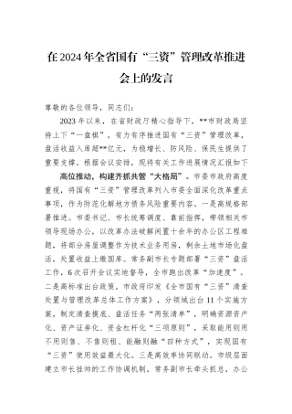 在2024年全省国有“三资”管理改革推进会上的发言