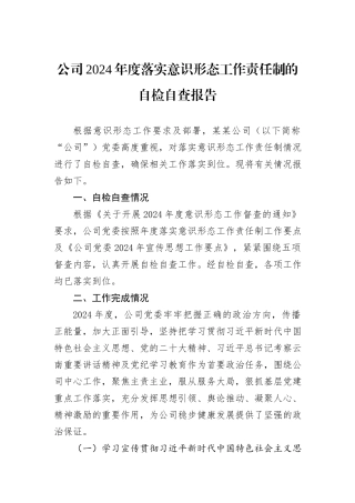 公司2024年度落实意识形态工作责任制的自检自查报告