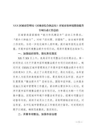 XXX区城市管理局（区城市综合执法局）开展市容环境整治提升专项行动工作总结
