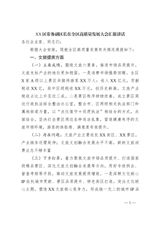 XX区常务副区长在全区高质量发展大会汇报讲话