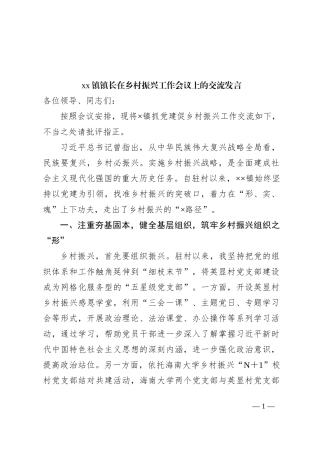 xx镇镇长在乡村振兴工作会议上的交流发言