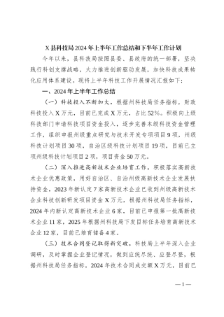 X县科技局2024年上半年工作总结和下半年工作计划