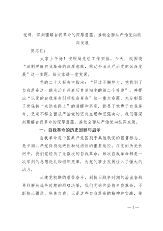 党课：深刻理解自我革命的深厚意蕴，推动全面从严治党向纵深发展
