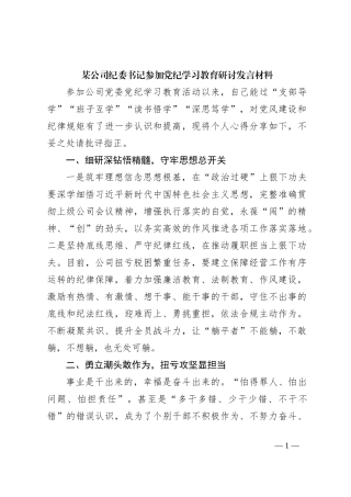 某公司纪委书记参加党纪学习教育研讨发言材料