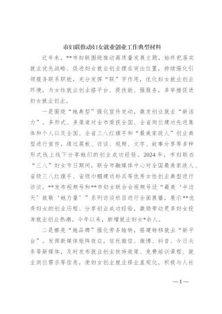 市妇联推动妇女就业创业工作典型材料
