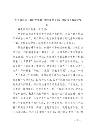 在全市青年干部培育使用工作座谈会上的汇报发言（市委统战部）