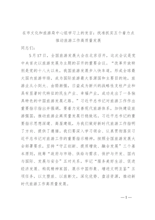 在市文化和旅游局中心组学习上的发言：找准抓实五个着力点 推动旅游工作高质量发展