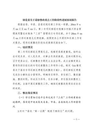 镇党委关于巡察整改重点工作阶段性进展情况报告