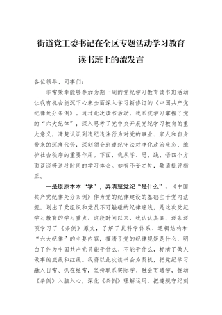 街道党工委书记在全区专题活动学习教育读书班上的流发言
