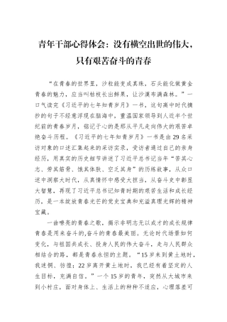 青年干部心得体会：没有横空出世的伟大，只有艰苦奋斗的青春