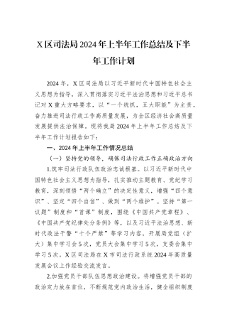 X区司法局2024年上半年工作总结及下半年工作计划