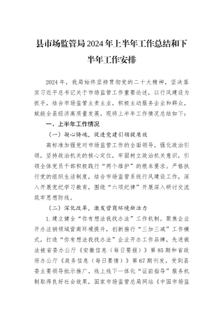 县市场监管局2024年上半年工作总结和下半年工作安排