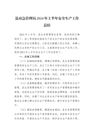 县应急管理局2024年上半年安全生产工作总结