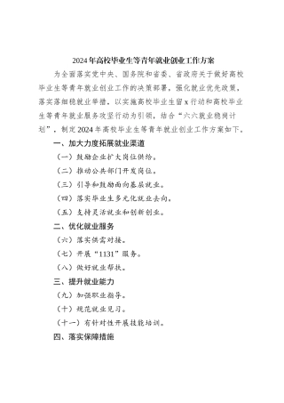 2024年高校毕业生等青年就业创业工作方案