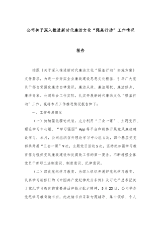 公司关于深入推进新时代廉洁文化“强基行动”工作情况报告