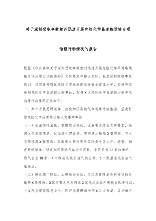 关于深刻吸取事故教训迅速开展危险化学品道路运输专项治理行动情况的报告