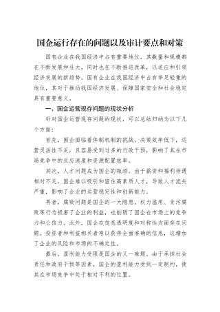 国企运行存在的问题以及审计要点和对策