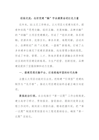经验交流：念好党建“融”字诀 凝聚奋进红色力量