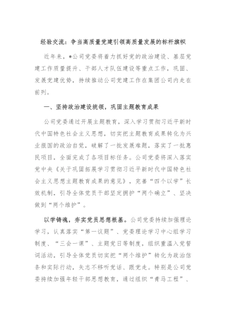 经验交流：争当高质量党建引领高质量发展的标杆旗帜