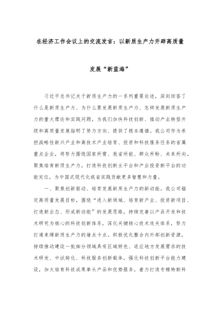 在经济工作会议上的交流发言：以新质生产力开辟高质量发展“新蓝海”