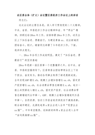在区委全体（扩大）会议暨区委经济工作会议上的讲话