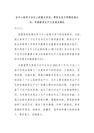 在中心组学习会议上的重点发言：勇担生态文明建设排头兵，争做新质生产力发展先锋队