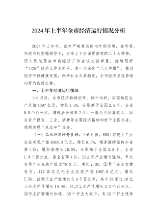 2024年上半年全市经济运行情况分析