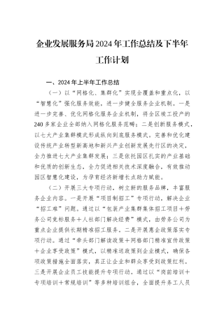 企业发展服务局2024年工作总结及下半年工作计划