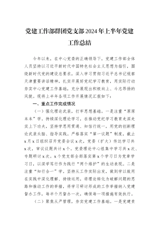 党建工作部群团党支部2024年上半年党建工作总结