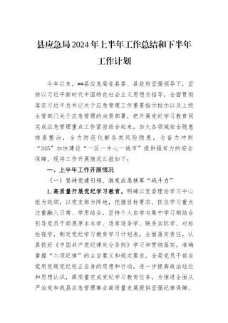 县应急局2024年上半年工作总结和下半年工作计划