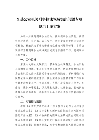 X县公安机关刑事执法领域突出问题专项整治工作方案