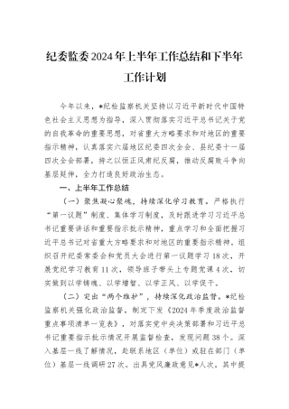 纪委监委2024年上半年工作总结和下半年工作计划