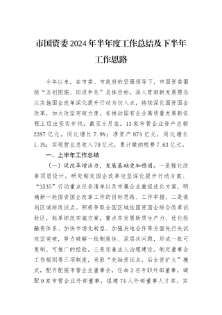 市国资委2024年半年度工作总结及下半年工作思路