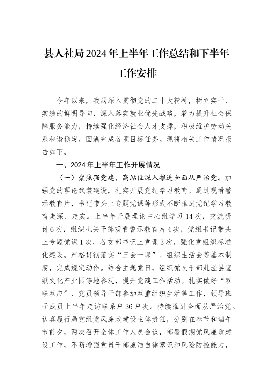 县人社局2024年上半年工作总结和下半年工作安排_第1页