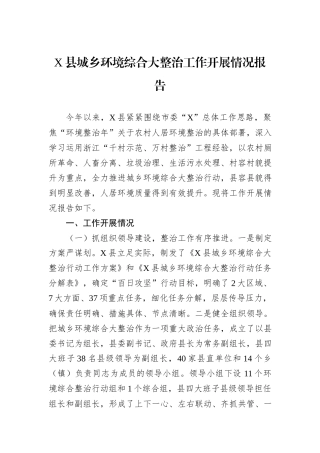 X县城乡环境综合大整治工作开展情况报告