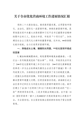 关于全市优化营商环境工作进展情况汇报