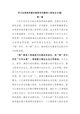 (9篇)学习在青海考察时重要讲话精神心得体会