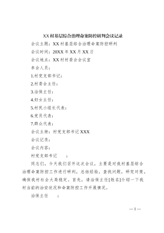 村基层综合治理命案防控研判会议记录