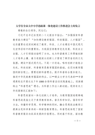 大学在全市大中小学思政课一体化建设工作推进会上的发言