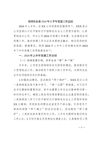 某国有企业2024年上半年党建工作总结