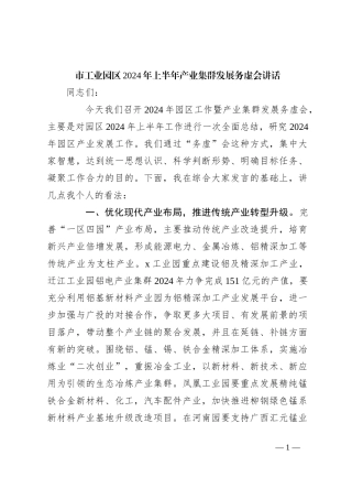市工业园区2024年上半年产业集群发展务虚会讲话