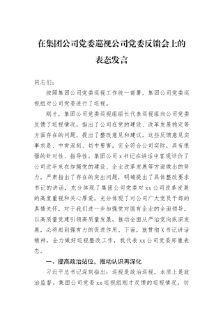 在集团公司党委巡视公司党委反馈会上的表态发言