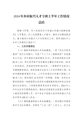 2024年乡村振兴人才专班上半年工作情况总结