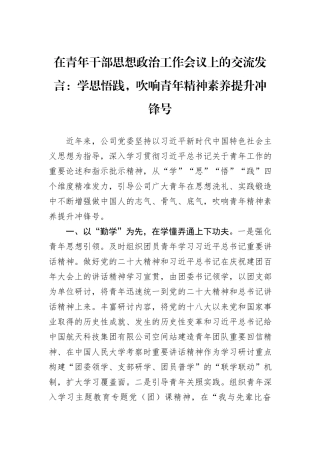 在青年干部思想政治工作会议上的交流发言：学思悟践，吹响青年精神素养提升冲锋号