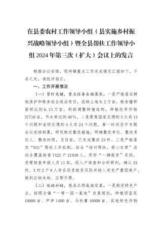 在县委农村工作领导小组（县实施乡村振兴战略领导小组）暨全县帮扶工作领导小组2024年第三次（扩大）会议上的发言