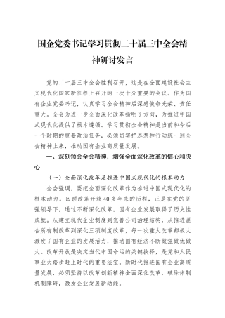 国企党委书记学习贯彻二十届三中全会精神研讨发言