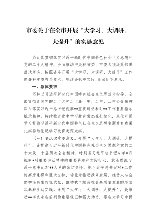 市委关于在全市开展“大学习、大调研、大提升”的实施意见