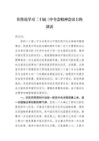 在传达学习二十届三中全会精神会议上的讲话