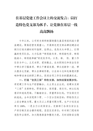 在基层党建工作会议上的交流发言：以打造特色党支部为抓手，让党旗在基层一线高高飘扬